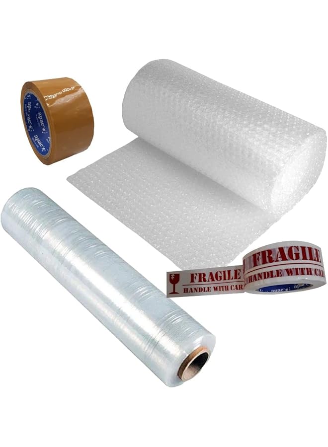 Apac All-in-1 Packing Kit With Bubble Wrap, Fragile Sticker Tape, Packaging Tape and Stretch Film for Bulk Shipping, Mailing and Moving - Image 1