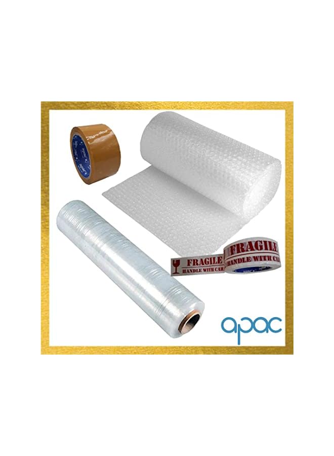 Apac All-in-1 Packing Kit With Bubble Wrap, Fragile Sticker Tape, Packaging Tape and Stretch Film for Bulk Shipping, Mailing and Moving - Image 5