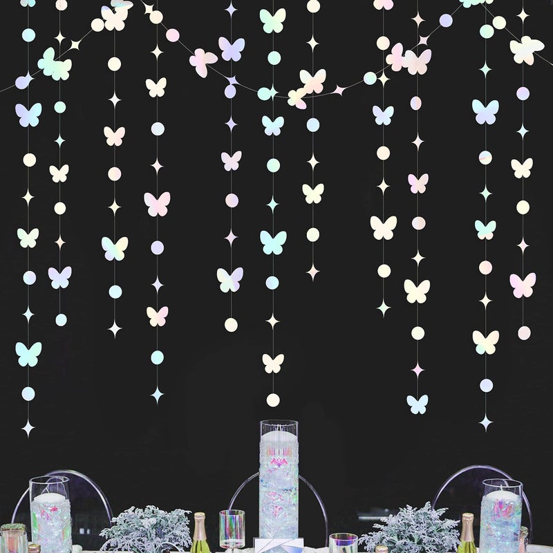 40Ft White Iridescent Butterfly Garlands White Holographic Paper Hanging Polka Dots Star Butterflies Streamer Banner for Spring Engagement Wedding Birthday Bridal Shower Bachelorette Party Decorations