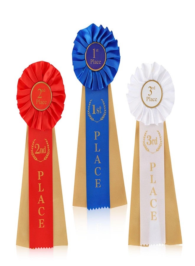 YOSINXU 3 Pcs Award Ribbons Rosette Set Satin Participation Ribbon Honorable Awards Badge Blue Red and White Prizes 1st 2nd 3rd Place Medals for Classroom Prize Science Fair Talent Show - Image 1
