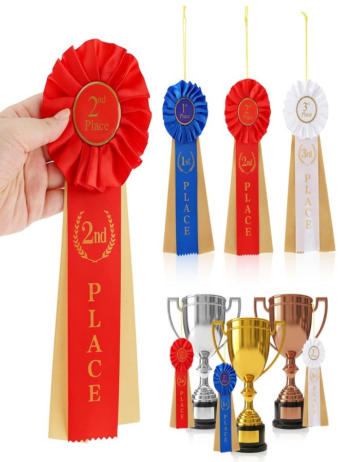 YOSINXU 3 Pcs Award Ribbons Rosette Set Satin Participation Ribbon Honorable Awards Badge Blue Red and White Prizes 1st 2nd 3rd Place Medals for Classroom Prize Science Fair Talent Show - Image 2