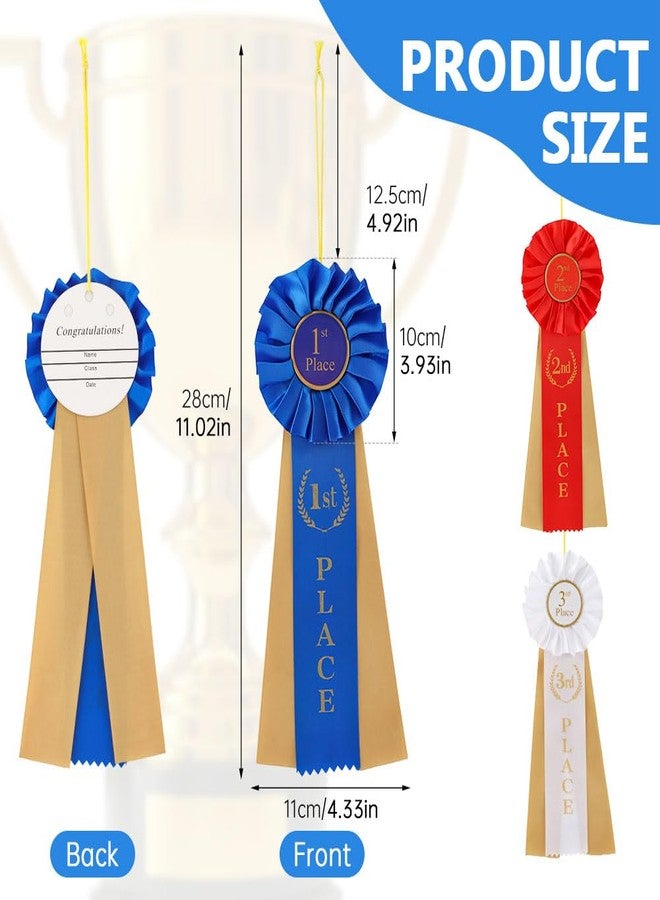 YOSINXU 3 Pcs Award Ribbons Rosette Set Satin Participation Ribbon Honorable Awards Badge Blue Red and White Prizes 1st 2nd 3rd Place Medals for Classroom Prize Science Fair Talent Show - Image 3