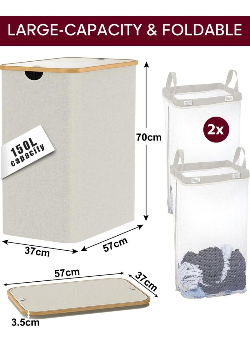 YIM-VIBEHAUS Laundry Hamper, 150L Large Clothes Laundry Basket with Lid and 2 Removable Inner Bags, Portable Laundry Bag for Laundry Room, Bedroom, Closet, Bathroom (Beige, 150L)  - Image 4