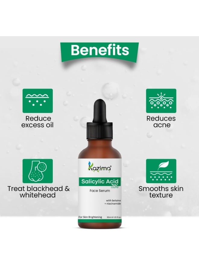 KAZIMA 2% Salicylic Acid Face Serum for Acne, Blackheads & Open Pores | Reduces Excess Oil & Exfoliates Skin | Salicylic Acid Serum for Acne-prone & Oily Skin | For Women & Men | 30 ml - Image 3
