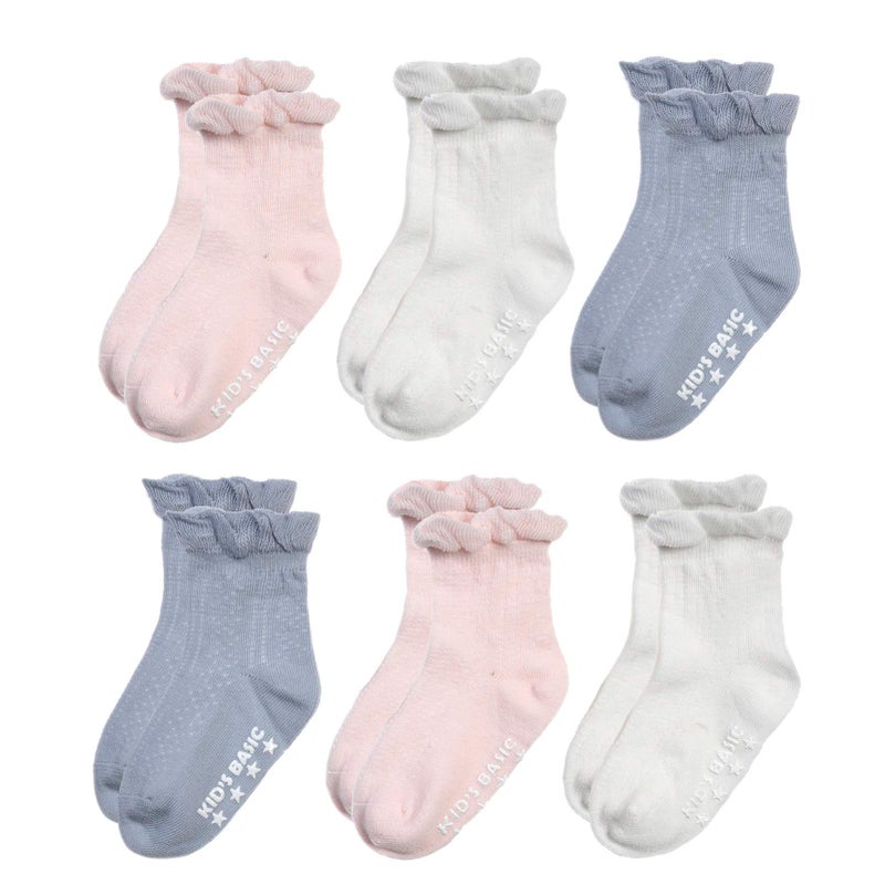 EPEIUS Infants and Toddlers Baby-Girls Non Slip Ruffle Frilly Ankle Socks Pointelle Grip Socks (Pack of 6) 6-18 Months Blue Grey/Natural White/Pink - Image 1