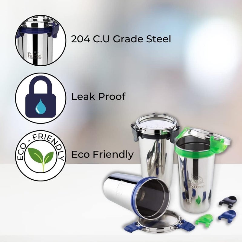 PDDFALCON كأس/قدح Pdd Falcon من الفولاذ المقاوم للصدأ Eco Nxt مع غطاء فولاذي ومشبك إضافي، مانع للتسرب بنسبة 100% - 450 مل (أزرق) - Image 2