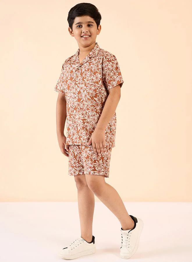 Stylo Bug Stylo Bug Brown Rayon Printed Shirt & Shorts Set for Boys