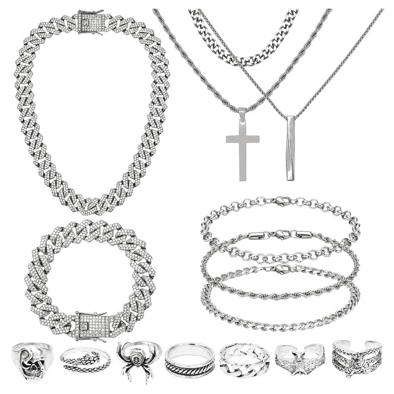 NEWITIN 15 Pieces Silver Jewelry Set for Men Stainless Steel Cuban Link Necklace Bracelet Cross Pendant Necklace Vintage Ring Cuban Jewelry Set for Men Women - Image 1