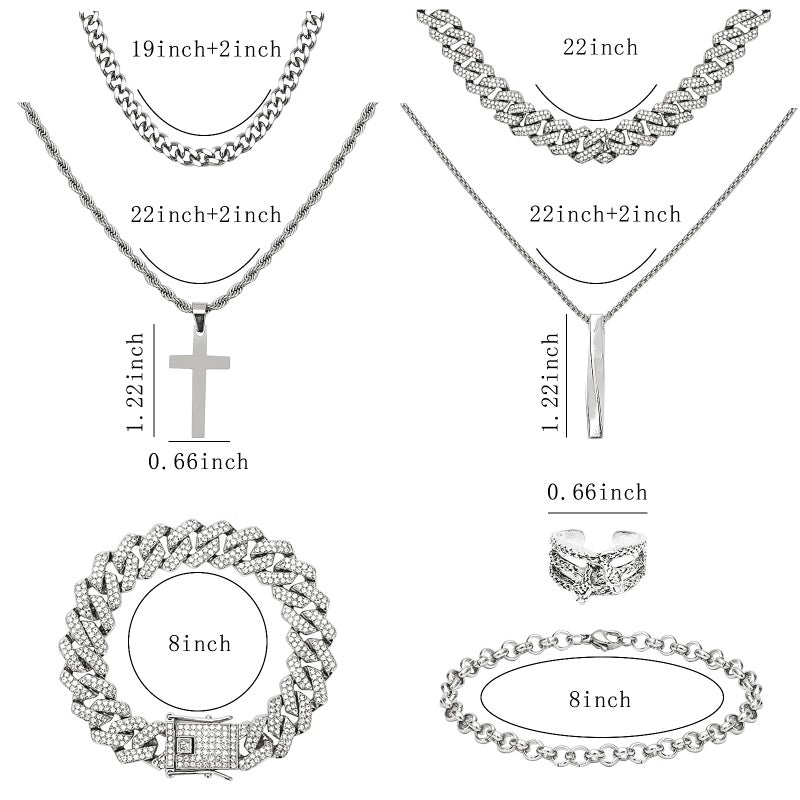 NEWITIN 15 Pieces Silver Jewelry Set for Men Stainless Steel Cuban Link Necklace Bracelet Cross Pendant Necklace Vintage Ring Cuban Jewelry Set for Men Women - Image 2
