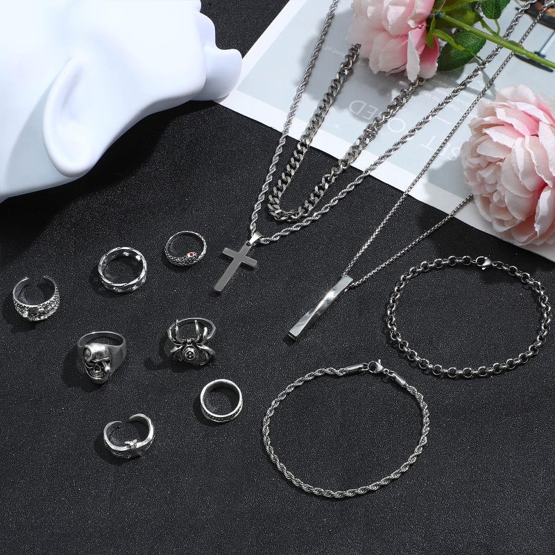 NEWITIN 15 Pieces Silver Jewelry Set for Men Stainless Steel Cuban Link Necklace Bracelet Cross Pendant Necklace Vintage Ring Cuban Jewelry Set for Men Women - Image 3