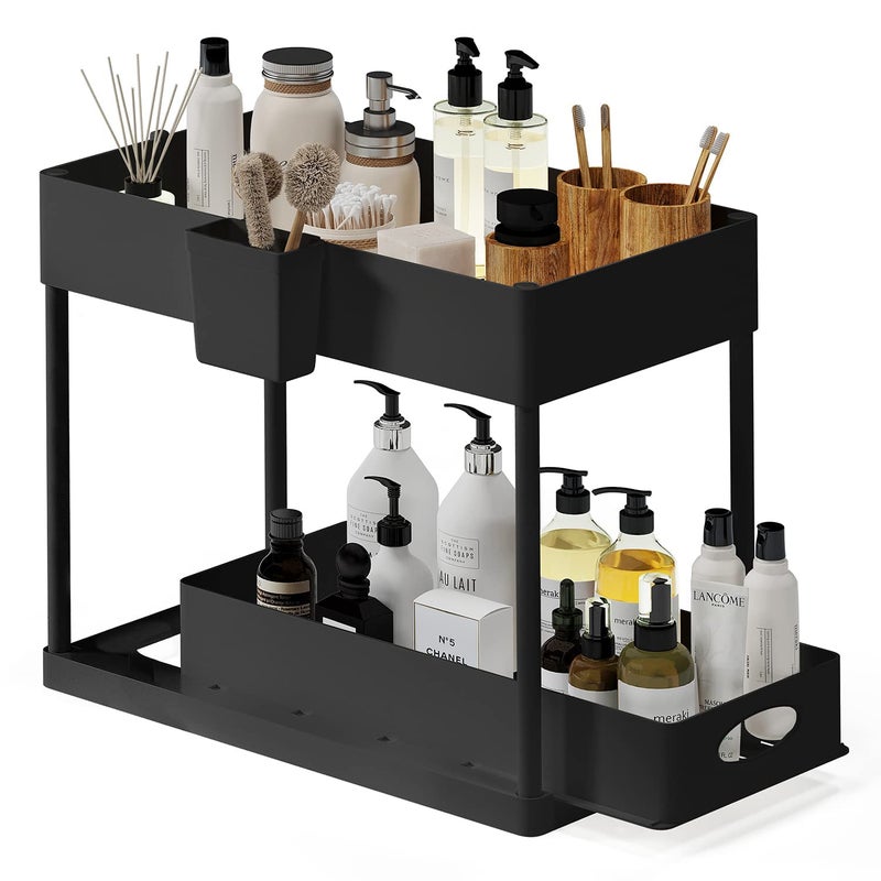 Under Sink Organizers and Storage Bathroom Cabinet Organizer Sink Shelf with Utility Hooks and Side Caddy for Under Cabinet Storage Under Kitchen Sink Organizer with Sliding Drawer Black 1Pack