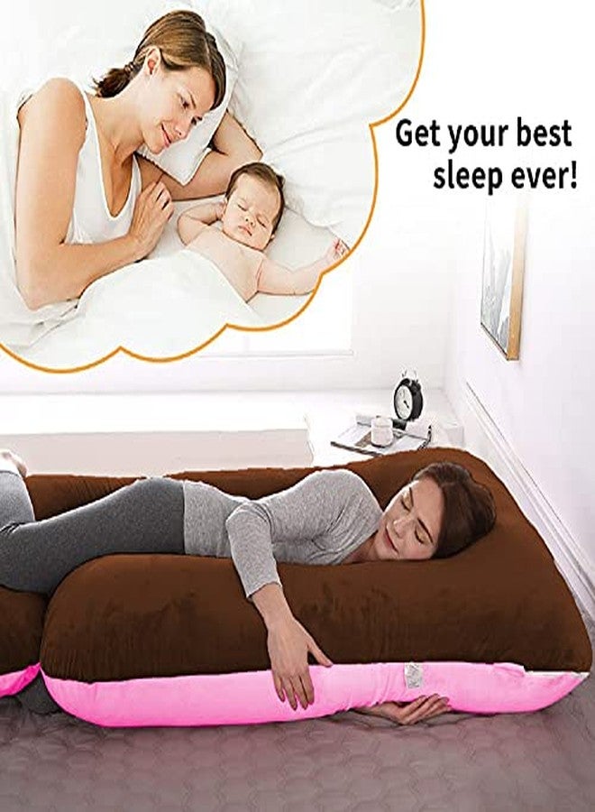 DADDY COOL Body Support J-Shaped Pregnancy Pillow for Maternity & Baby Nursing | Pregnant Women Stomach, Hip, Spine, Neck & Support Cushion Velvet Outer Reversible Cover with Zip (Pink, Brown) - Image 3