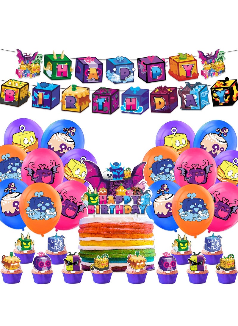 ماركة غير محددة ديكور حفل عيد ميلاد بموضوع Blox Fruits: صندوق لعبة علم عيد ميلاد، ترتيب كعكة وزهور، براندة بالونات.  - Image 1