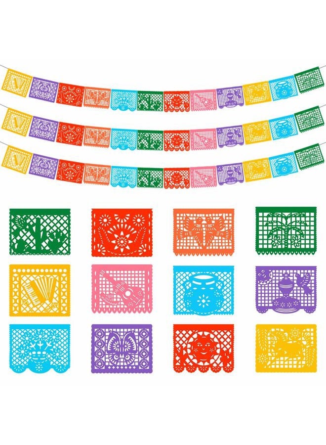 DUNCHATY Mexican Banner - 24 FT Papel Picado Banners - 12 Color Panels Large Mexican Banners - Fiesta Party Supplies - 12 Unique Designs Mexican Birthday Banner Decorations 3 pack for Cinco de Mayo Party - Image 1