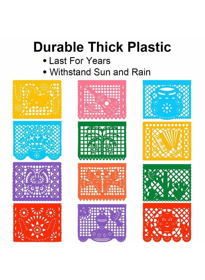DUNCHATY Mexican Banner - 24 FT Papel Picado Banners - 12 Color Panels Large Mexican Banners - Fiesta Party Supplies - 12 Unique Designs Mexican Birthday Banner Decorations 3 pack for Cinco de Mayo Party - Image 2