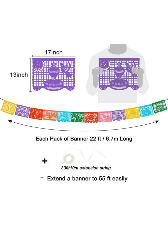DUNCHATY Mexican Banner - 24 FT Papel Picado Banners - 12 Color Panels Large Mexican Banners - Fiesta Party Supplies - 12 Unique Designs Mexican Birthday Banner Decorations 3 pack for Cinco de Mayo Party - Image 3