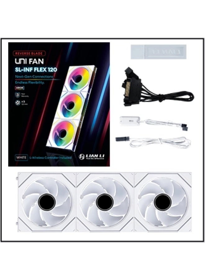 LIAN LI UNI FAN SL-INF FLEX 120mm ARGB Reverse PC Case Fan 3-Pack – 2200 RPM, 65.7 CFM, 2.85 mmH₂O, 31 dBA, FDB Bearing, 58-LED ARGB, Infinity Mirror Lighting, L-Wireless Controller, LED FLEX Receiver, L-Connect 3, White | 12RSLIN1F3W - Image 1