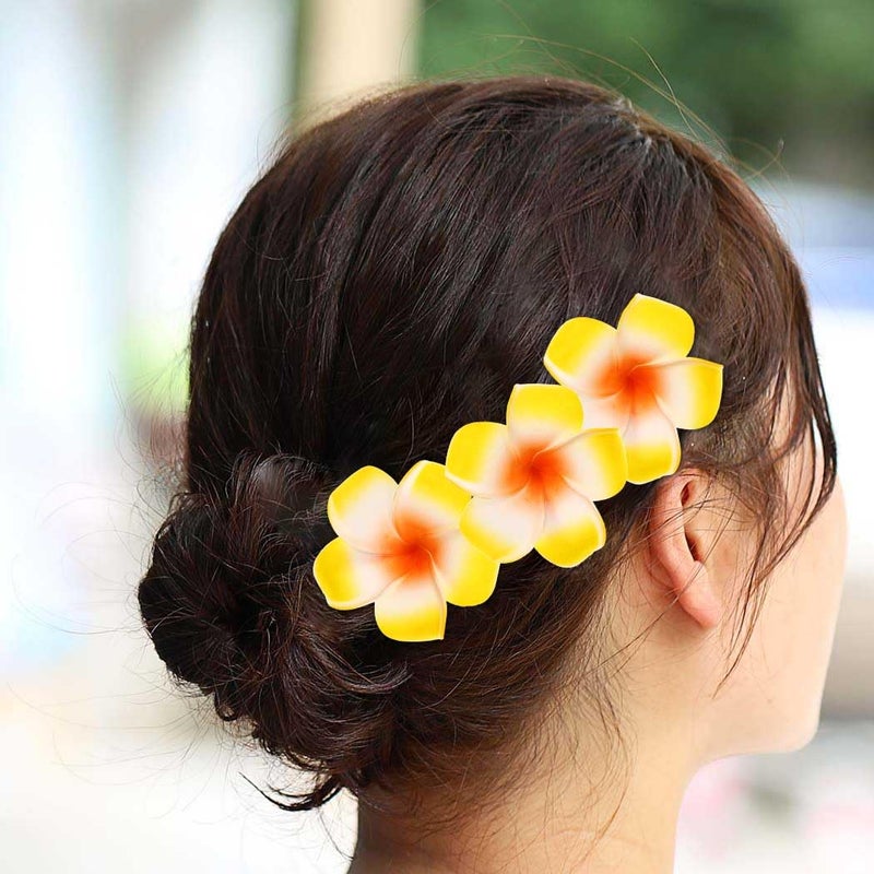 Zoestar Hawaii Plumeria Flower Hair Clips 3pcs Beach Flower Foam Hair Accessory for Women and Girls BYellow