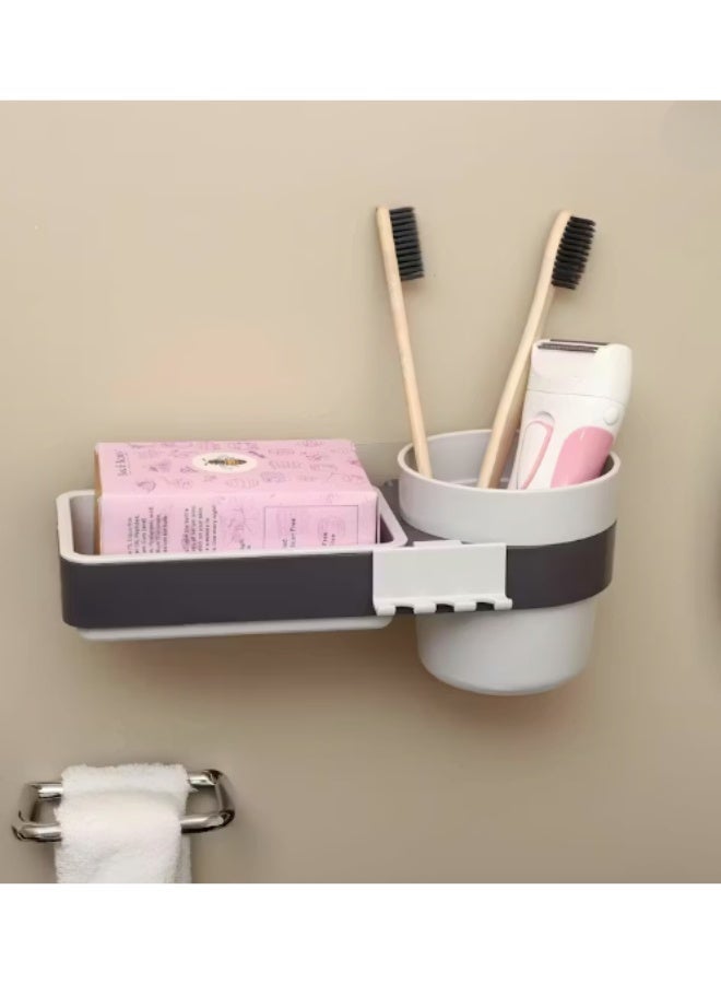 3-in-1 Wall Mounted Toothbrush Toothpaste and Soap Holder with Gargle Cup No Drilling Adhesive Installation Bathroom Organizer Storage Rack Deep Hook Design Strong Load Capacity up to 1.5kg Suitable for Marble Tile Glass Smooth Plastic and Painted Surfaces Waterproof Easy Clean Daily Bathroom Organization Solution - Image 1