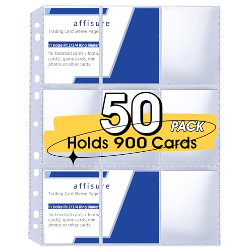 Affisure 9 Pocket Card Sleeves Holds 900 Cards Trading Card Binder Sleeves 3 Ring 9 Pocket Pages for Sports Cards Coupons Game Cards 50 Pack - Image 1