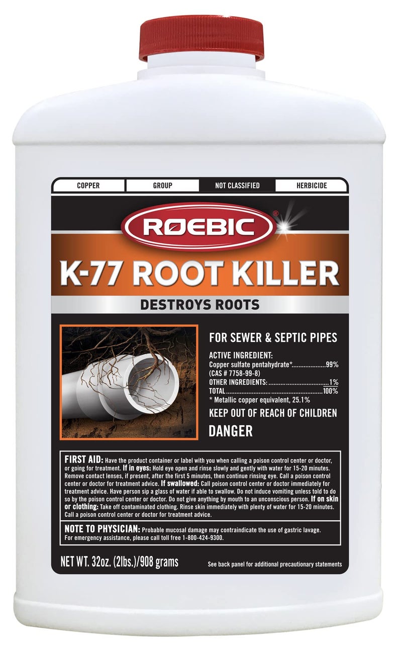 Roebic روبيك K-77 قاتل الجذور: ينظف الأنابيب، يوقف النمو الجديد، يعمل لأنظمة الصرف الصحي والصرف الصحي - 32 أونصة - Image 1