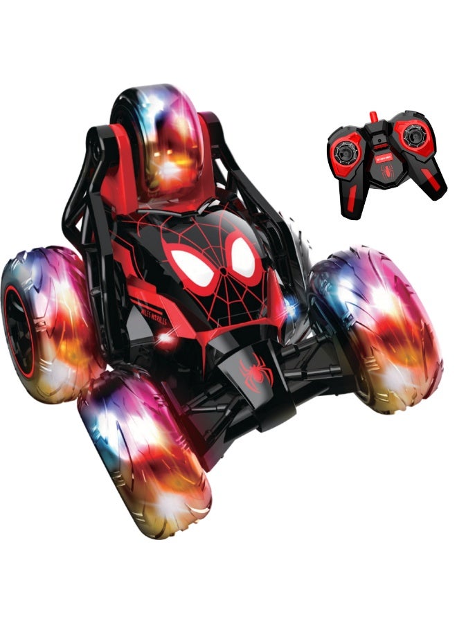 سبايدر مان سيارة مايلز موراليس سبايدرمان المجهزة بجهاز تحكم عن بُعد عجلة ستورم سبينر بخمس عجلات تدور 360 درجة | لعبة تحكم عن بُعد كاملة الوظائف بتردد جيجاهرتز سيارة حركات بهلوانية متينة للأطفال من سن سنوات فما فوق - Image 1