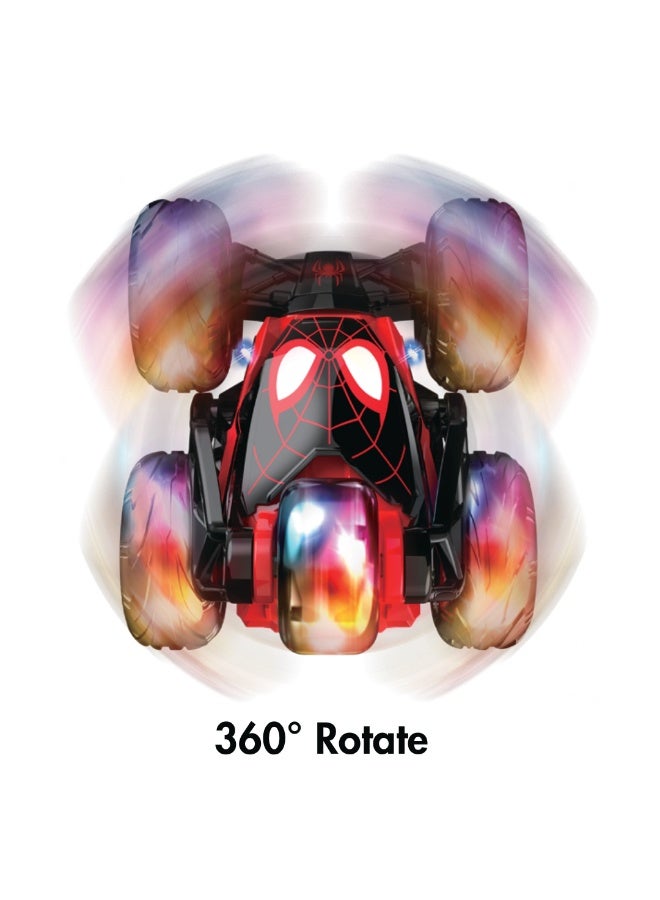 سبايدر مان سيارة مايلز موراليس سبايدرمان المجهزة بجهاز تحكم عن بُعد عجلة ستورم سبينر بخمس عجلات تدور 360 درجة | لعبة تحكم عن بُعد كاملة الوظائف بتردد جيجاهرتز سيارة حركات بهلوانية متينة للأطفال من سن سنوات فما فوق - Image 2