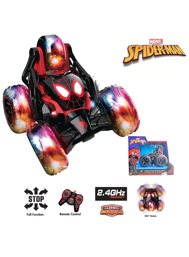 سبايدر مان سيارة مايلز موراليس سبايدرمان المجهزة بجهاز تحكم عن بُعد عجلة ستورم سبينر بخمس عجلات تدور 360 درجة | لعبة تحكم عن بُعد كاملة الوظائف بتردد جيجاهرتز سيارة حركات بهلوانية متينة للأطفال من سن سنوات فما فوق - Image 4