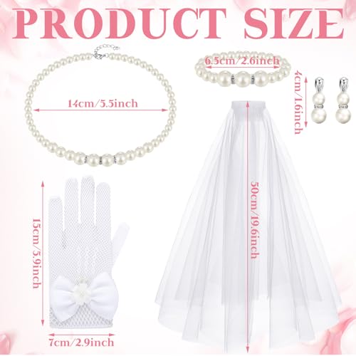Bencailor 5pcs Halloween Costume Accessories Set for Girls Lace Gloves with Hair Comb Pearl Necklace Bracelet Earrings(Milk White Pearl,Classic) - Image 3