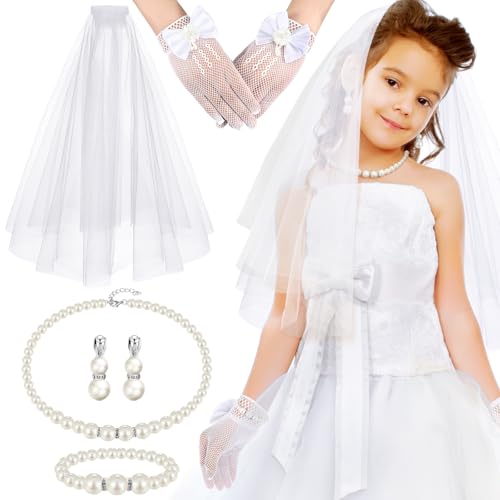 Bencailor 5pcs Halloween Costume Accessories Set for Girls Lace Gloves with Hair Comb Pearl Necklace Bracelet Earrings(Milk White Pearl,Classic) - Image 1
