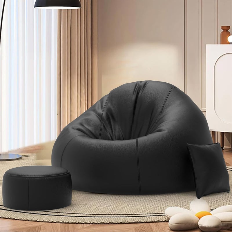 Biggie Bean Bag Biggie Bean Bag Faux Leather With Beans Filled 4Xl Bean Bag Sofa With Free Cushion And Footrest Official Puffluxe Combo Matching Color Regular Black - Image 1