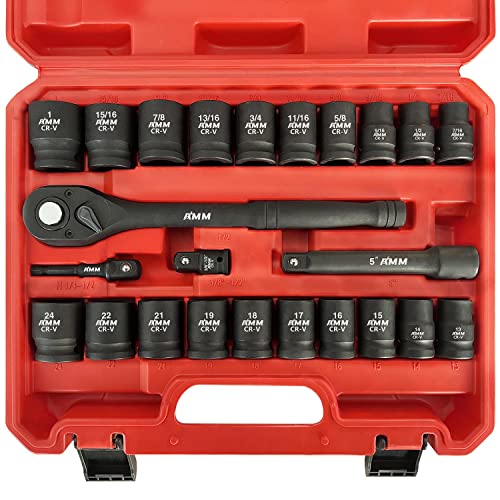 AMM 1/2" Drive Master Impact Socket Set, 24-Piece Shallow Standard SAE (7/16-Inch to 1-Inch) & Metric (13-24 mm) Sizes, Socket Assortment with Ratchet Handle，Cr-V Steel - Image 1