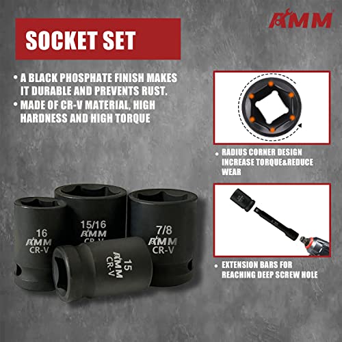 AMM 1/2" Drive Master Impact Socket Set, 24-Piece Shallow Standard SAE (7/16-Inch to 1-Inch) & Metric (13-24 mm) Sizes, Socket Assortment with Ratchet Handle，Cr-V Steel - Image 2