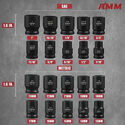AMM 1/2" Drive Master Impact Socket Set, 24-Piece Shallow Standard SAE (7/16-Inch to 1-Inch) & Metric (13-24 mm) Sizes, Socket Assortment with Ratchet Handle，Cr-V Steel - Image 3