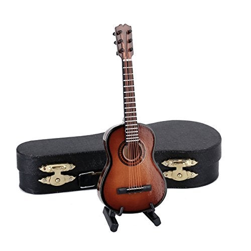 Dselvgvu Wooden Miniature Guitar with Stand and Case Mini Musical Instrument Classic Guitar Replica Collectible Figurines Model Home Decoration Display Ornament (Brown, 5.12"x1.86"x0.68") - Image 1