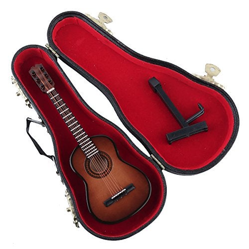 Dselvgvu Wooden Miniature Guitar with Stand and Case Mini Musical Instrument Classic Guitar Replica Collectible Figurines Model Home Decoration Display Ornament (Brown, 5.12"x1.86"x0.68") - Image 3