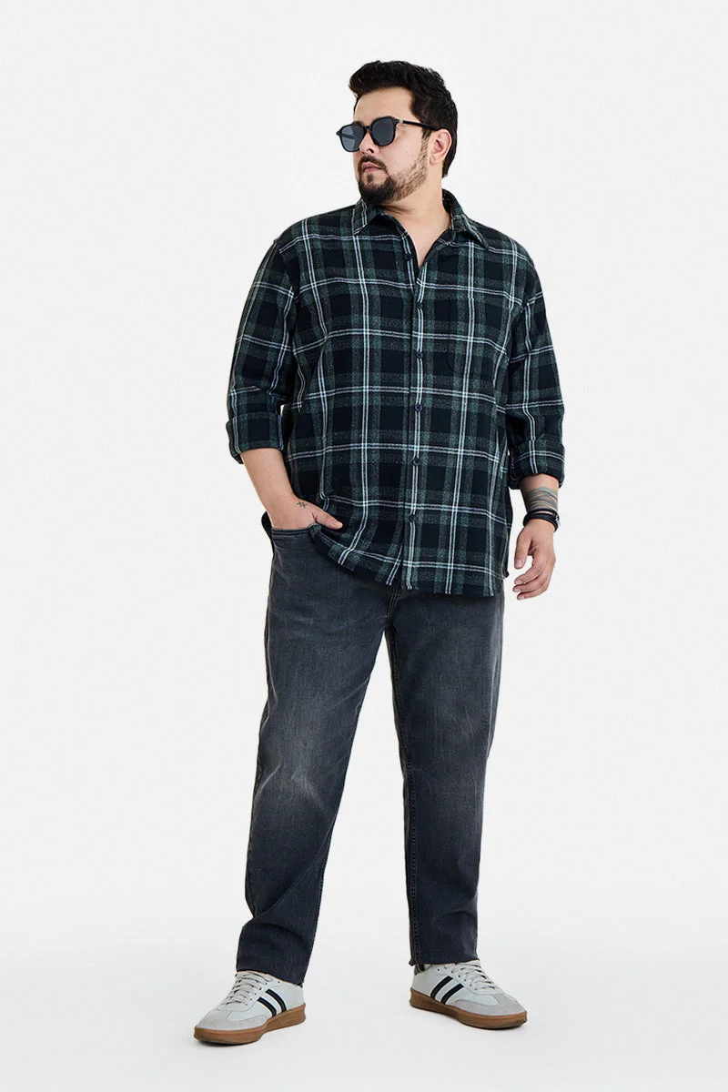 سنيتش Dark Green Checkered Long Sleeve Regular Fit Plus Size Shirt