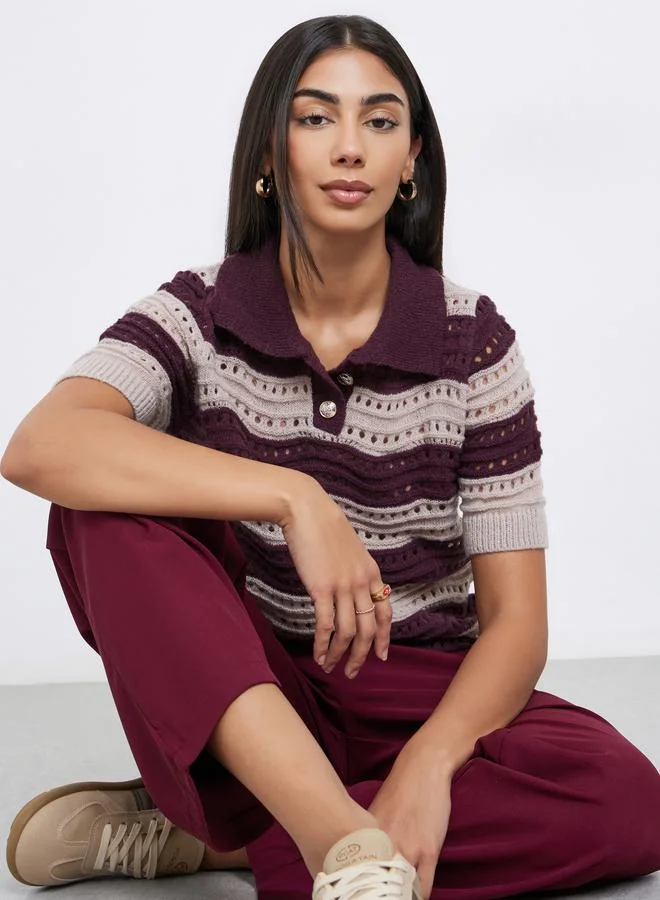 Styli Burgundy Striped Hollow Knit Polo T-Shirt
