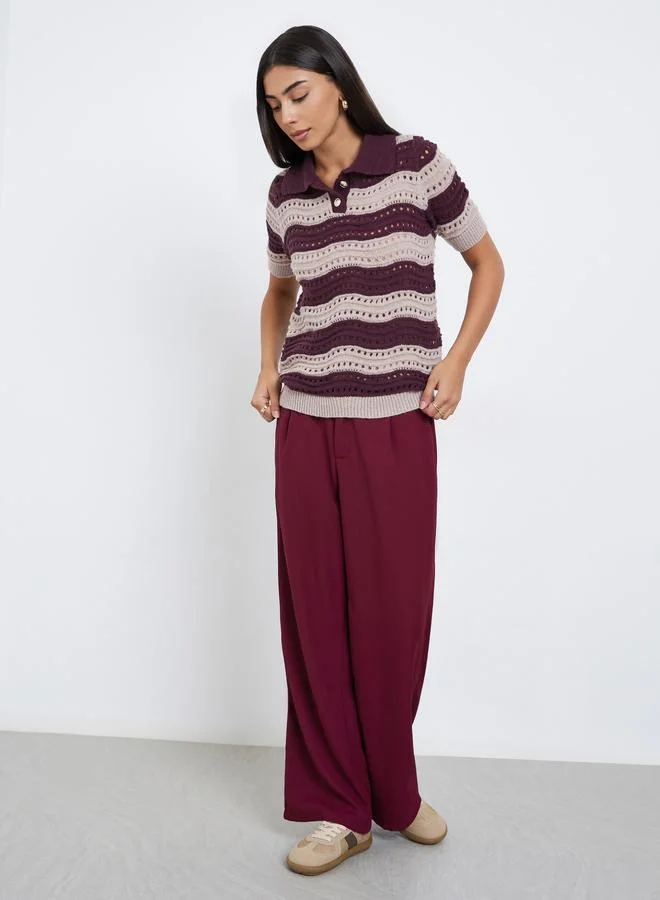 Styli Burgundy Striped Hollow Knit Polo T-Shirt