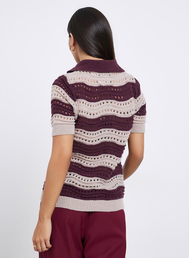 ستايلي تيشيرت مخطط محبوك بياقة بولو وأكمام قصيرة - Image 5