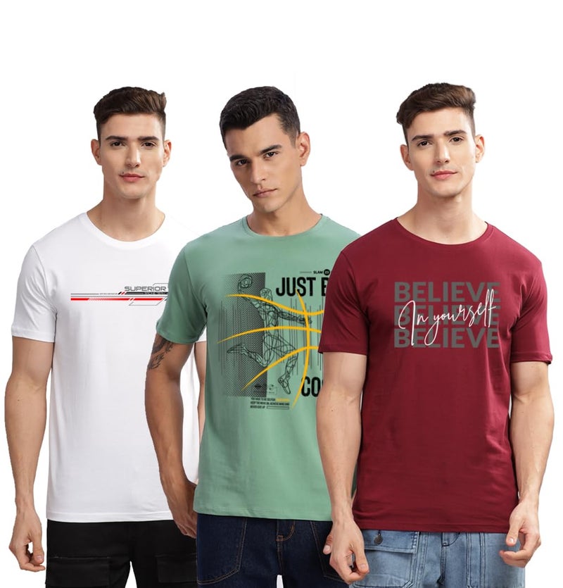 ADRO 100% Cotton Lycra Tshirts for Men Combo Pack of 3 | Regular Fit | Printed T Shirt | Round Neck Half Sleeve| Mens Tshirts|RCM3_INV-MR_BCL-PT_RAC-WH_M - Image 1