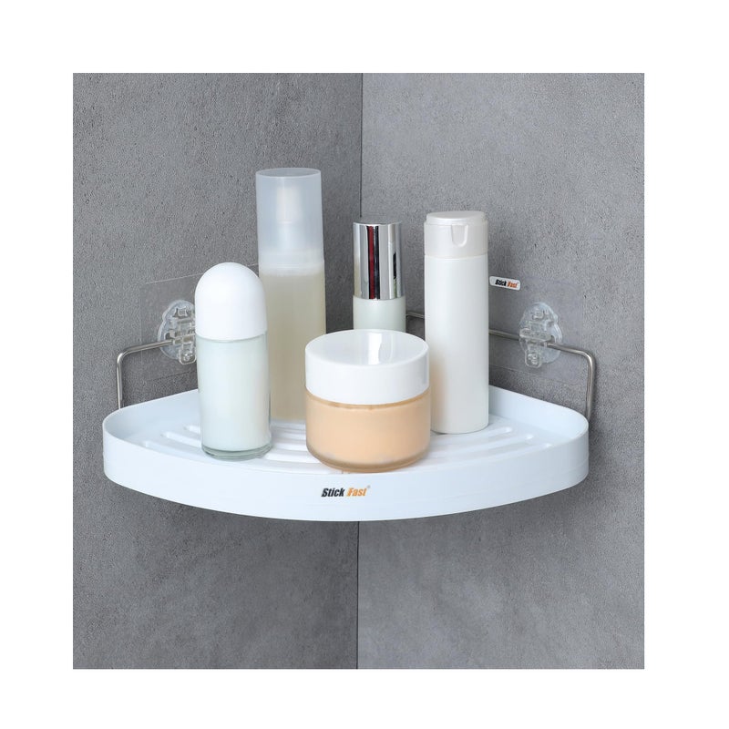 SF - Stick Fast Bathroom Corner Shelf Self Adhesive Rack with 3M Sticker for Wall Mount Shelf Multipurpose for Kitchen Bathroom Storage Organizer Pack of 1- White, ABS - Image 1