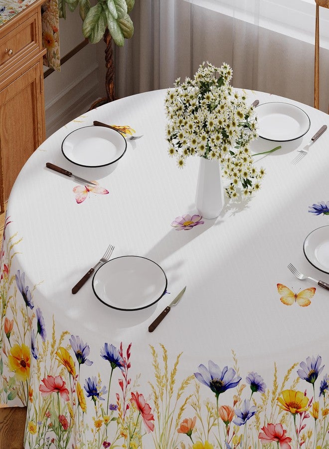 Siilues Spring Tablecloth Round 60x60 Inch, Washable Watercolor Floral Butterfly Colorful Spring Table Cloth Seasonal Summer Waterproof Scalloped Edge Party Decorations Picnic Dining Table Cover - Image 3