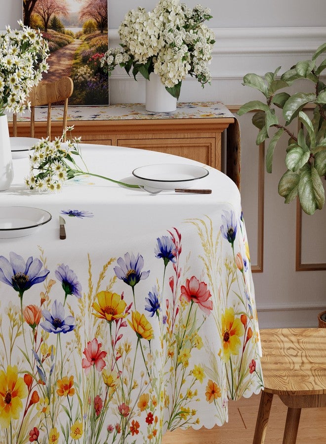 Siilues Spring Tablecloth Round 60x60 Inch, Washable Watercolor Floral Butterfly Colorful Spring Table Cloth Seasonal Summer Waterproof Scalloped Edge Party Decorations Picnic Dining Table Cover - Image 2