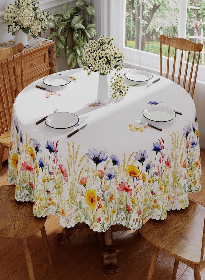 Siilues Spring Tablecloth Round 60x60 Inch, Washable Watercolor Floral Butterfly Colorful Spring Table Cloth Seasonal Summer Waterproof Scalloped Edge Party Decorations Picnic Dining Table Cover - Image 1