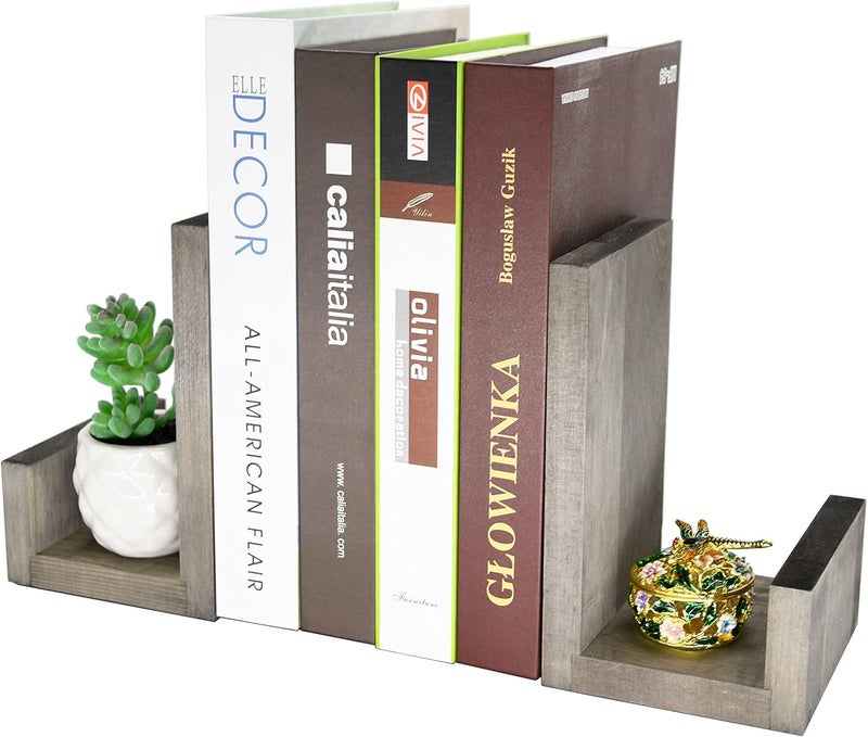OwlGift Vintage Gray LShaped Solid Wood Bookends Decorative Bookends wBlackTone Metal Supports NonSkid and Sturdy to Hold Heavy Books 1Pair - Image 1