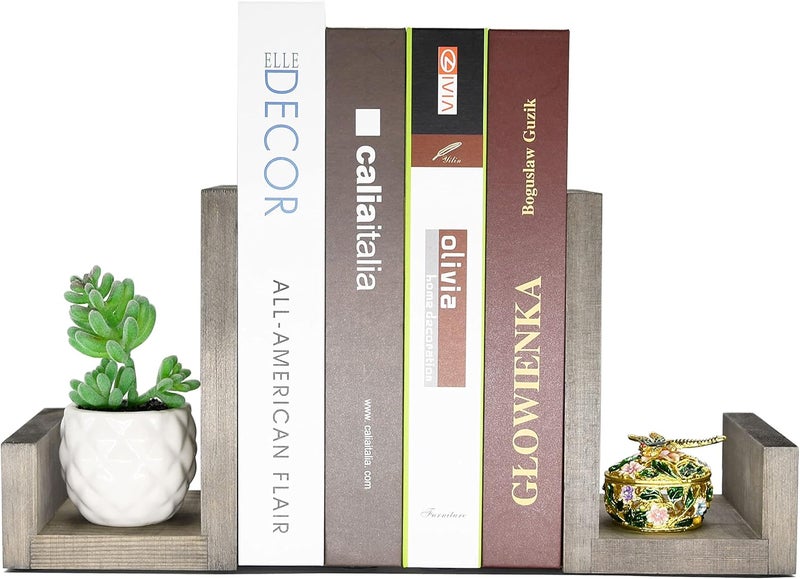 OwlGift Vintage Gray LShaped Solid Wood Bookends Decorative Bookends wBlackTone Metal Supports NonSkid and Sturdy to Hold Heavy Books 1Pair - Image 2