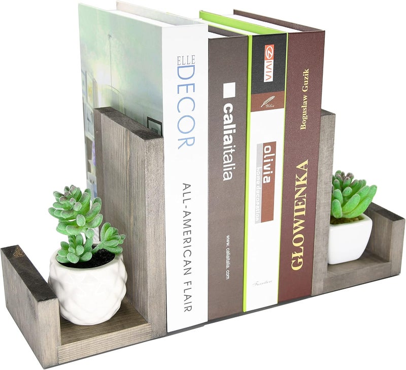 OwlGift Vintage Gray LShaped Solid Wood Bookends Decorative Bookends wBlackTone Metal Supports NonSkid and Sturdy to Hold Heavy Books 1Pair - Image 5
