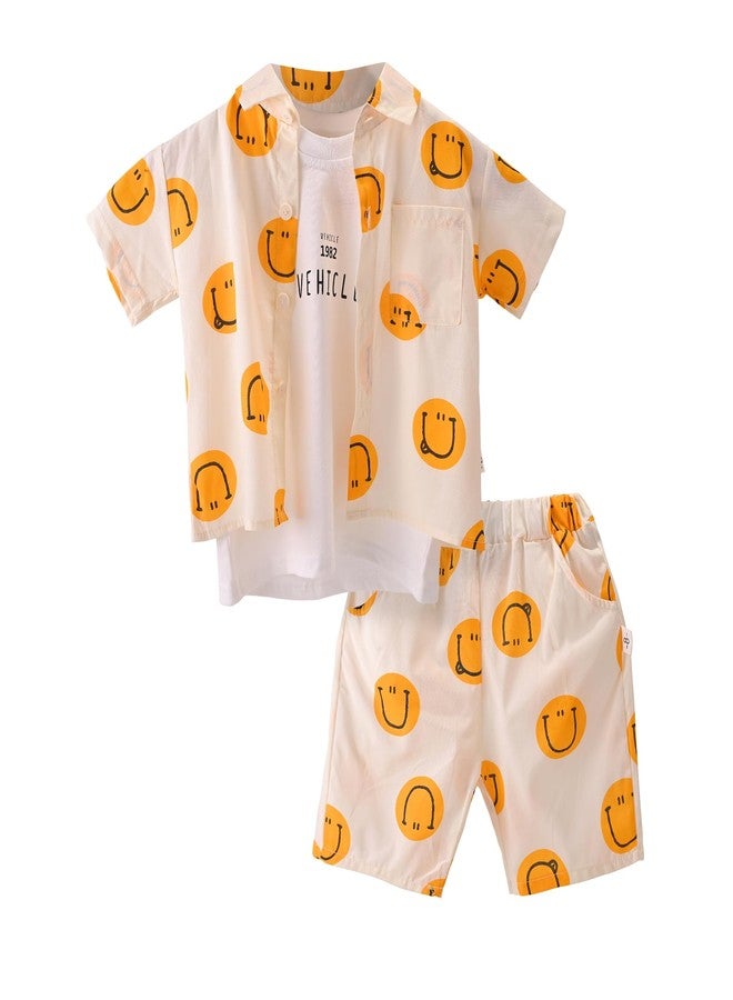 Bold N Elegant Kids 3-Piece Smiley Face Print Short Sleeve Shirt with Shorts and T-Shirt Summer Party Outfit for Boys 1 to 5 Years (Orange, 1-2 Years) - Image 1