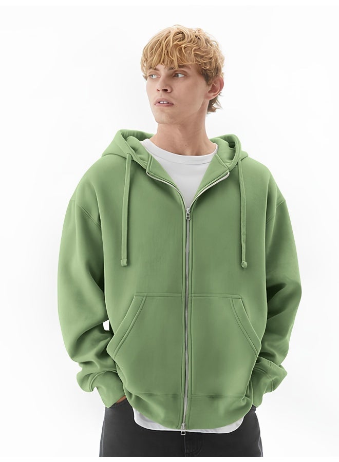 Maniac Mens Solid Hooded Neck Full Sleeve Full Zipper Open Hunter Green French Terry Loose fit Sweatshirt - Image 1